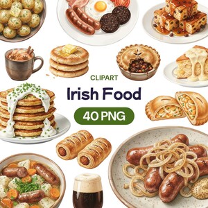 May include: A collection of watercolor illustrations of Irish food, including sausages, fried eggs, black pudding, pancakes, and a pie. The image includes the text "Irish Food" and "40 PNG".