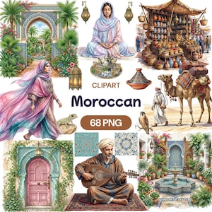 May include: Watercolor clipart set with a Moroccan theme. The image includes illustrations of people, architecture, a marketplace, a camel, and decorative patterns. The text "Moroccan" and "68 PNG" are also included.