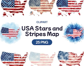 Imágenes prediseñadas de mapa de EE. UU., bandera estadounidense en acuarela PNG, gráfico de estrellas y rayas patrióticas