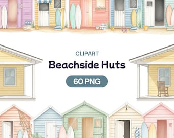 Beach Hut Clipart, Seaside Cottage PNG, Summer Beach House Bundle, Pastel Watercolor Surf Shed