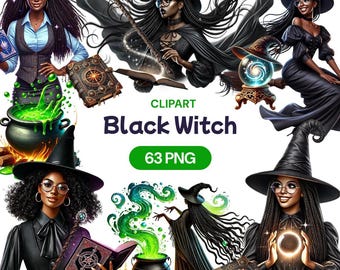 Bruja negra PNG clipart, acuarela afroamericana transparente linda hechicera, hechizo de brujería mágica, licencia de uso comercial
