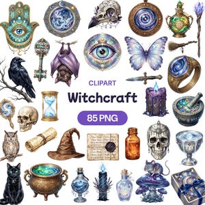 Witchcraft Watercolor Clipart Bundle, Magic Potion, Mystical Occult Graphics (85 PNG)