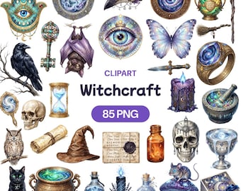 Witchcraft Watercolor Clipart Bundle, Magic Potion PNG, Mystical Occult Graphic, Spooky Apothecary Art, Gothic Elements