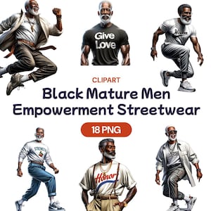 May include: Digital clipart of six Black men wearing streetwear with empowering messages. The men are wearing various clothing items, including t-shirts, sweatshirts, and pants. The messages on the clothing include "Strength", "Give Love", "Wisdom", "Honor", and "Leadership".
