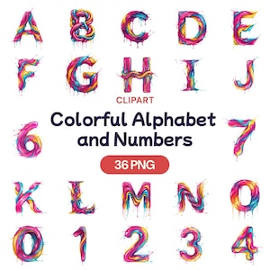 May include: A collection of colorful alphabet letters and numbers in a watercolor style. Each letter and number is rendered in a vibrant mix of pink, blue, yellow, and purple hues, with a dripping paint effect. The image includes the text "CLPART" and "Colorful Alphabet and Numbers 36 PNG".