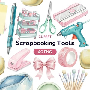 Può includere: Illustrazione ad acquerello di strumenti per scrapbooking, tra cui una penna turchese, forbici, una perforatrice rosa, una pistola per colla a caldo e un rotolo di nastro adesivo floreale. L'immagine presenta anche un fiocco rosa, pennelli e un carrello. Il testo recita "Scrapbooking Tools" e "40 PNG".