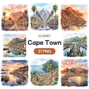 May include: Watercolor clipart set featuring various scenes of Cape Town, South Africa. The images include streetscapes with palm trees, mountain views, coastal towns, and harbor scenes. The text "Cape Town" and "37 PNG" are also included.