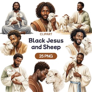 Black Jesus Sheep Clipart, African American Good Shepherd PNG, Christian Faith Art