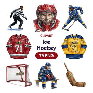 May include: Watercolor illustrations of ice hockey equipment and players. Includes a goalie mask, jerseys with the number 71, a hockey net, a hockey stick, and a referee. The text "Ice Hockey" and "79 PNG" are also present.