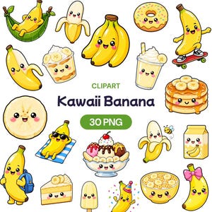 Könnte beinhalten: Eine Sammlung gelber Bananen-Illustrationen mit niedlichen Gesichtern, darunter Bananen in einer Hängematte, auf einem Skateboard, mit Sonnenbrille und Desserts wie Pfannkuchen, Eis und Kuchen, mit dem Text CLIPART Kawaii Banana 30 PNG.