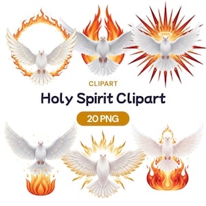 Può includere: Sei immagini di clipart digitale di colombe bianche con le ali spiegate, circondate da fiamme e luce radiosa. Il testo recita "Holy Spirit Clipart" e "20 PNG".