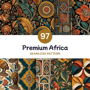 May include: A digital collection of 97 seamless patterns featuring diverse designs including portraits of individuals in headwraps, tropical leaves, geometric shapes, circular motifs, and floral arrangements in shades of orange, teal, and black.