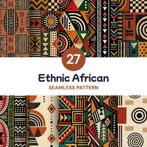 Könnte beinhalten: Eine Sammlung von 27 nahtlosen Mustern mit geometrischen Formen, Linien und Kreisen in einer Palette aus Schwarz, Weiß, Rot, Gelb und Grün. Der Text 27 Ethnic African SEAMLESS PATTERN ist über dem Raster der verschiedenen Designs zentriert.