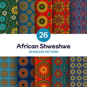 Könnte beinhalten: Eine Sammlung von 26 nahtlosen African Shweshwe-Mustern mit lebendigen geometrischen und floralen Designs in verschiedenen Farbpaletten wie Rot, Blau, Grün, Gelb und Orange mit komplizierten Punktmustern und symmetrischen Kreismotiven.