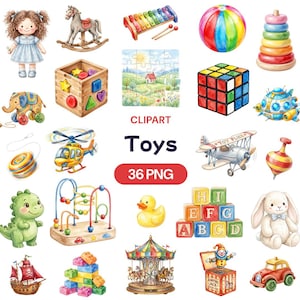 Puede incluir: Una colección de ilustraciones en acuarela de varios juguetes, incluyendo una muñeca, un caballito balancín, un xilófono, una pelota de playa y un cubo de Rubik. La palabra "Toys" se muestra en el centro, con "36 PNG" debajo.