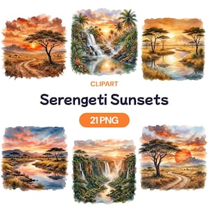 May include: A collection of watercolor clipart images featuring Serengeti sunsets. The images showcase African landscapes with trees, rivers, and waterfalls under vibrant orange and yellow skies. The text "Serengeti Sunsets" and "21 PNG" are also included.