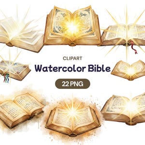 May include: Watercolor clipart featuring several open antique books with glowing light effects. The books have aged, textured pages with handwritten text and decorative borders. The image includes the text "Watercolor Bible" and "22 PNG".