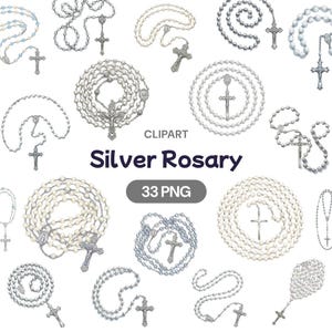 May include: A selection of silver rosaries in diverse designs. The image showcases multiple rosaries with varied bead styles and cross pendants. The text "Silver Rosary" and "33 PNG" are also present.
