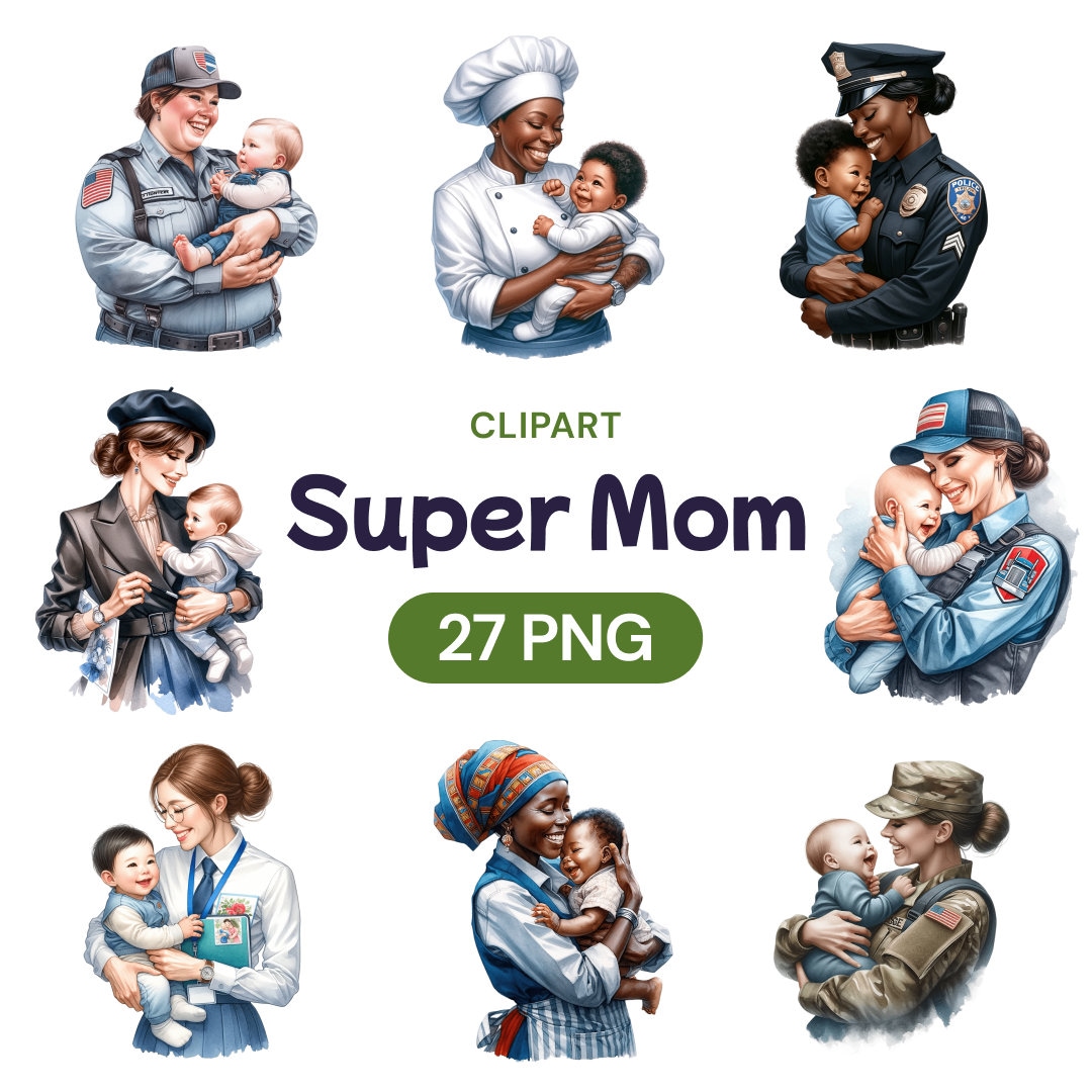 Super Mom Clipart Cute Watercolor Mama Professions Png Digital Bundle