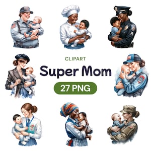 Super Mom Clipart, süßes Aquarell Mama Berufe PNG Digital Bundle, professionelle Mütter, Mama Arbeitsplätze, Geschenk für sie, Lizenz für kommerzielle Nutzung