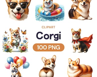 Cute Corgi Watercolor Clipart, PNG Bundle (Commercial Use)