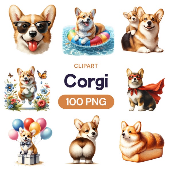 Cute Corgi Clipart, Kawaii Baby Dog Butt Watercolor Illustration, Pet Puppy Lover, Transparent Cardinal PNG Bundle, Commercial Use License