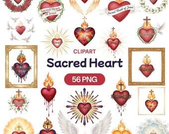 Sacred Heart Clipart, 56 Watercolor Jesus Heart PNG, Catholic Faith, Flaming Heart, Crown of Thorns, Vintage Religious Art, Cross, Holy Fire