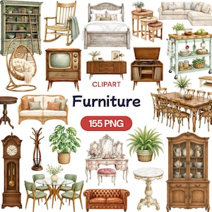 May include: A collection of watercolor furniture illustrations including a bookshelf, rocking chair, bed, sofa, television, record player, kitchen island, dining set, grandfather clock, vanity, and various tables, with the text CLIPART Furniture 155 PNG.