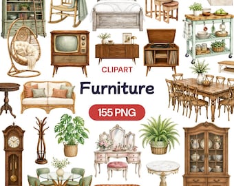 May include: A collection of watercolor furniture illustrations including a bookshelf, rocking chair, bed, sofa, television, record player, kitchen island, dining set, grandfather clock, vanity, and various tables, with the text CLIPART Furniture 155 PNG.
