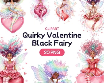 Quirky Valentine Black Fairy Clipart, African American Fantasy PNG, Watercolor Cute Girl, Afro Lady, Big Hair Wings