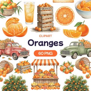 Peut inclure: Aquarelle de fruits, tranches et jus d'orange. L'image comprend une pile de caisses en bois avec l'inscription "Oranges", un camion vintage et un étal de marché. Le texte "Oranges" et "60 PNG" sont également présents.