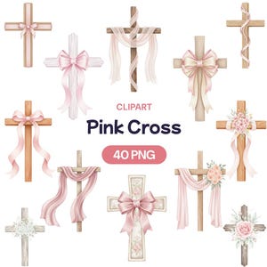 Könnte beinhalten: Eine Sammlung von Aquarellkreuzen mit verschiedenen Designs. Einige Kreuze sind mit rosa Schleifen, Bändern und Blumenarrangements verziert. Der Text "Pink Cross" und "40 PNG" ist ebenfalls sichtbar.