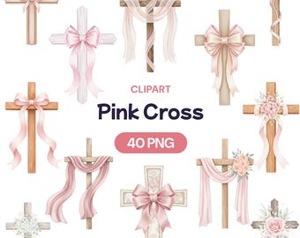 Pink Cross Clipart, 40 Watercolor PNG, Baptism Girl, First Communion, Religious Ribbon Bow, Floral Christian Art, Baby Shower, Nursery