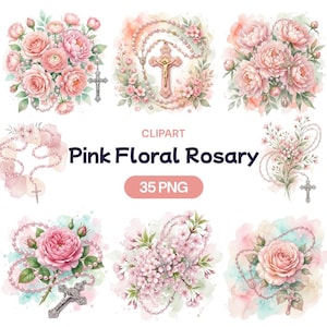 May include: Watercolor clipart featuring pink floral rosaries and bouquets. The image includes various arrangements of pink roses, beads, and crosses. Text reads "Pink Floral Rosary" and "35 PNG".