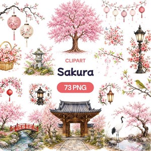 Könnte beinhalten: Eine digitale Sammlung von Sakura-Kirschblüten-Cliparts mit einem großen Baum, einem traditionellen Holztor, einer Steinlaterne, einer roten Bogenbrücke, Papierlaternen, einer Straßenlaterne, einem Kranich und blühenden Zweigen mit dem Text CLIPART Sakura 73 PNG.
