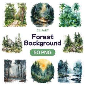 Wald Hintergrund Clipart, Aquarell Grün Berglandschaft Illustration, Transparente Wald Baum PNG Bundle, Lizenz für kommerzielle Nutzung