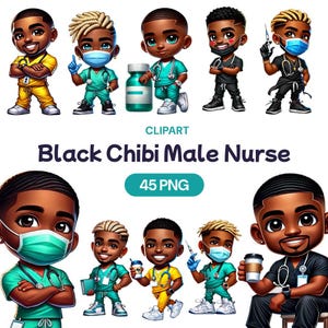 Schwarz Chibi Krankenschwester Clipart, Aquarell Afroamerikaner Mediziner Junge PNG Apotheke Arzt Guy Arbeiter Kommerzielle Nutzungslizenz