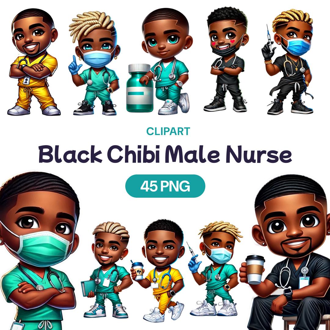 Black Chibi Male Nurse Clipart, Watercolor African American Medical ...