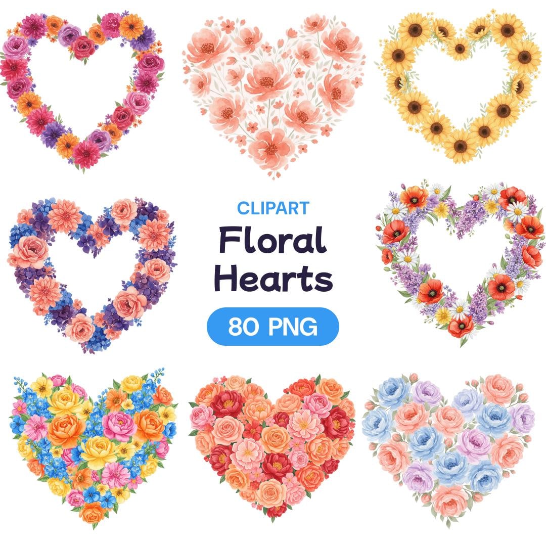 Watercolor Floral Heart Clipart Bundle, Botanical Love Frames PNG ...
