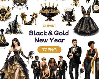 Black Gold New Year Clipart Bundle, Festive Celebration Graphics (77 PNG)
