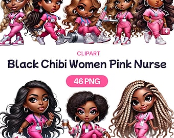 Black Chibi Women Pink Nurse Clipart, Watercolor African American Medical Professional PNG Healthcare Doctor Worker, Commercial Use License