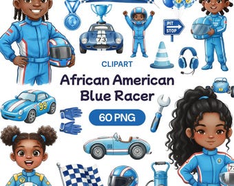 Imágenes prediseñadas de coche de carreras azul afroamericano, 60 imágenes PNG de corredor negro, gráficos de carreras de fórmula, cumpleaños de velocidad con melanina, arte para fiesta de parada en boxes