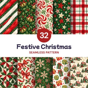 Op de afbeelding: Een collectie van 32 naadloze Festive Christmas patronen met diverse vakantieontwerpen, waaronder rode linten, gouden bellen, hulst, pepermuntkrullen, sterren, ruitpatronen, sneeuwvlokken, cadeautjes en kleine huisjes in rood, groen en wit.