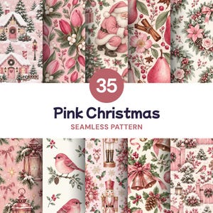May include: A collection of 35 seamless digital patterns featuring pink Christmas themes. Designs include snowy cottages, tulips, Santa Claus, pears, cinnamon sticks, poinsettias, birds, nutcrackers, bells, and bows in shades of pink, white, and green.