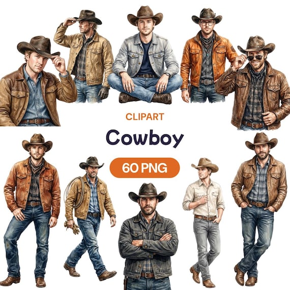 Cowboy Clipart, Watercolor Rancher PNG, Western Male Graphic, Country Lifestyle Art, Wild West Portrait