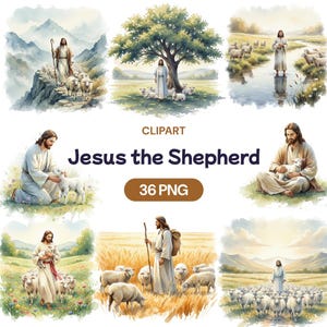 Pode incluir: Uma coleção de ilustrações em aquarela retratando Jesus como o pastor. As imagens mostram Jesus com ovelhas em vários ambientes, incluindo montanhas, campos e perto da água. O texto "Jesus the Shepherd" e "36 PNG" também está presente.