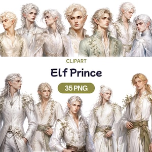 May include: A collection of digital illustrations featuring elf princes with pointed ears and long, wavy white or blonde hair. The characters wear ornate white and pale green garments adorned with floral embroidery and intricate detailing.