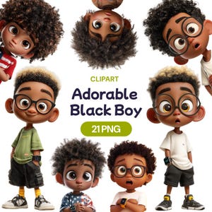 Clipart adorabile di ragazzo nero, PNG di maschio afroamericano carino in acquerello kawaii, bambino giovane e divertente, bambino capriccioso, licenza per uso commerciale