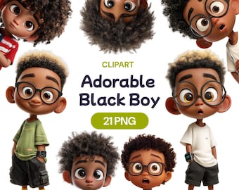 May include: A digital clipart set featuring cartoon illustrations of an adorable Black boy. The images show the boy in various poses, wearing glasses, and different outfits. The text "Adorable Black Boy" and "21 PNG" are also included.