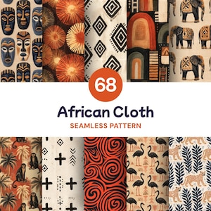 Op de afbeelding: Een collectie van 68 naadloze stoffenpatronen met diverse ontwerpen, waaronder tribale maskers, oranje zonnestralen, zwarte ruiten, abstracte bogen, olifanten, apen, kruisen, rode wervelingen, flamingo's en luipaarden op diverse achtergronden.